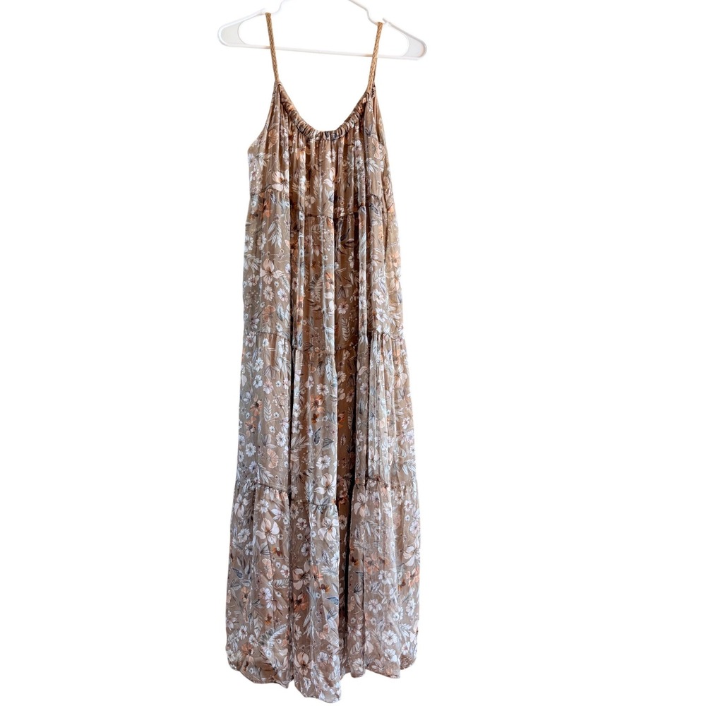 NWT Elena Baldi Silk Maxi Dress Size M Taupe Brown Floral Print Lined Scoop Neck